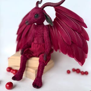 Burgundy teddy goat art doll, custom plush goat, stuffed animals, goat with wings, fantasy goat doll