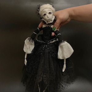 Crochet art doll, witch doll, amigurumi doll, crochet decor, goth art doll, rag doll in black dress, girl doll