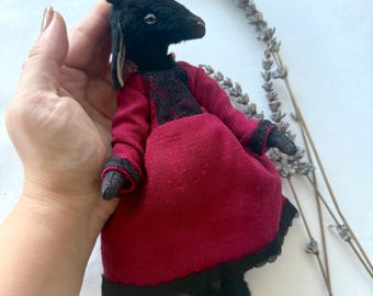 黒ヤギのアートドール、テディヤギ、ぬいぐるみヤギ、動物人形、ヤギの