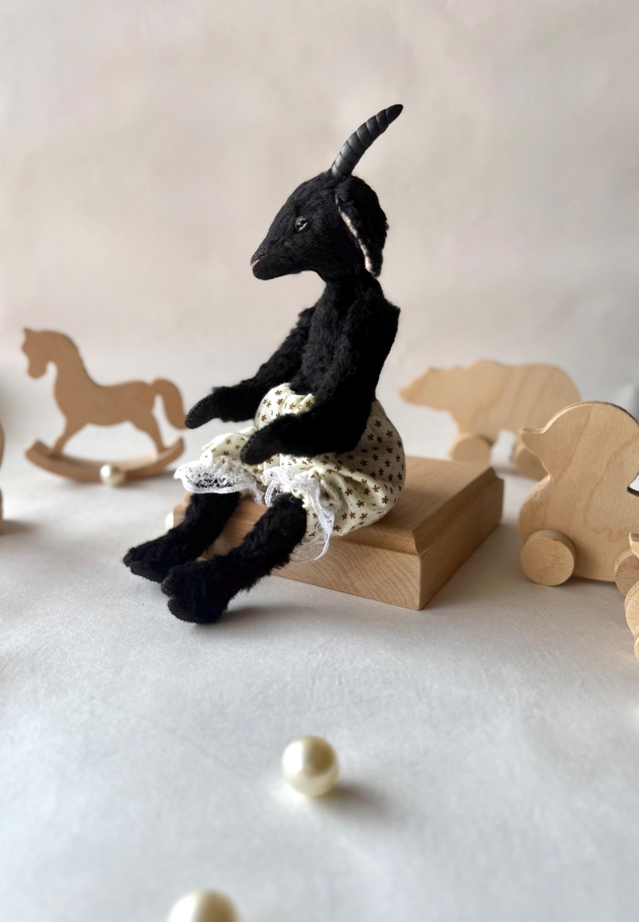 Black Goat Doll, Teddy Goat, Goat Art Doll, Plush Goat
