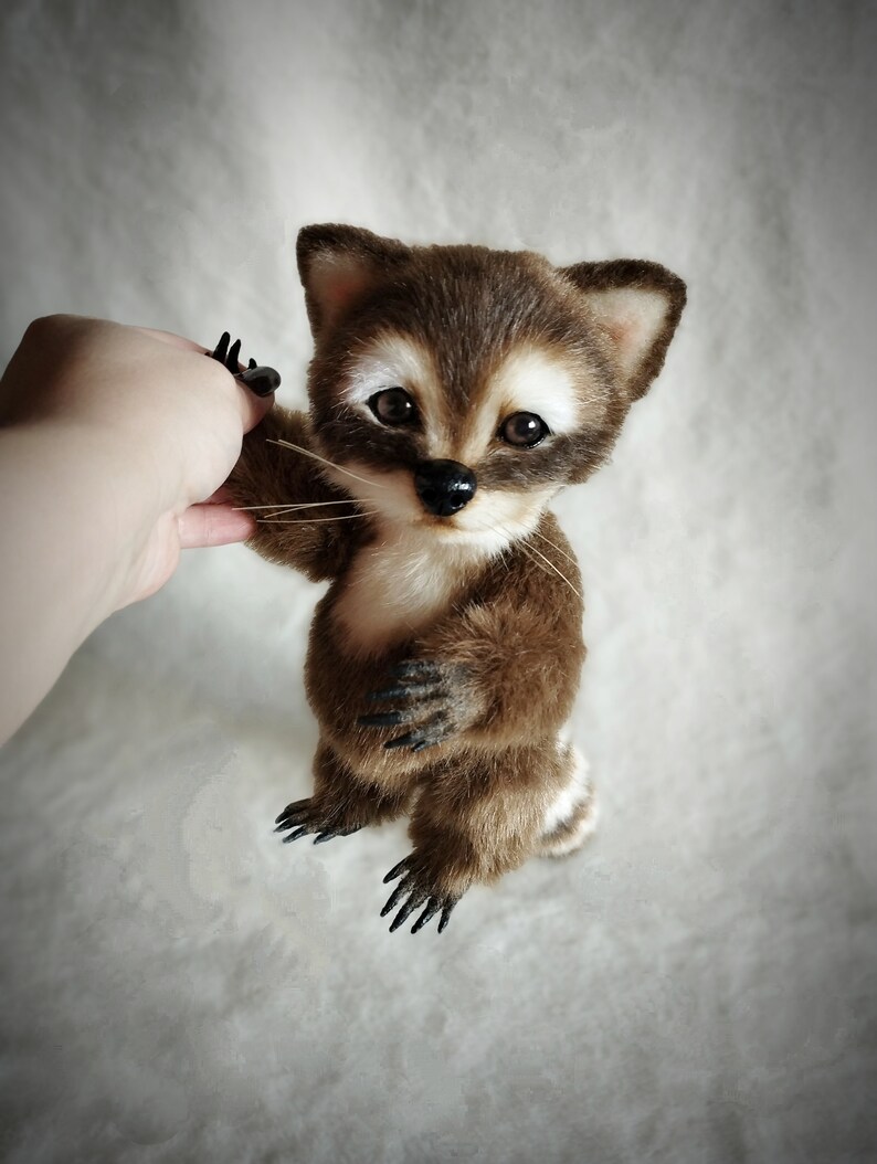 May include: A small, brown and white stuffed raccoon with black eyes and a black nose. The raccoon is sitting up with its paws raised, as if it is reaching out to someone.