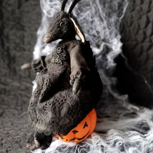 Black goat plush art doll in dress - available different colors, goat art doll, gothic doll, animal doll, teddy goat