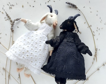 黒ヤギのアートドール、テディヤギ、ぬいぐるみヤギ、動物人形、ヤギの