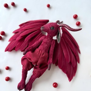 Burgundy teddy goat art doll, custom plush goat, stuffed animals, goat with wings, fantasy goat doll