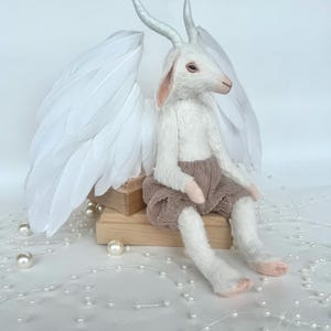 White teddy goat art doll, custom plush goat, animal doll, stuffed animals, goat with wings, fantasy goat doll, angel goat, goat doll plush