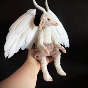 White teddy goat art doll, custom plush goat, stuffed animals, goat with wings, fantasy goat doll, angel goat