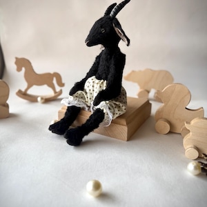 Goat art doll, black goat, cute goat, goat toy, goat plush, stuffed animals, plushie, farm animals, animal doll, goat doll, teddy goat