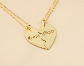 Gold Plated Sterling Silver Soulmate Necklace: Engraved Heart, Couple Jewelry