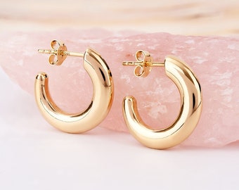 14K Gold C Hoop Earrings, Thick Earrings, Everyday Jewelry for Women, Thick Gold Hoops, Chunky Hoop Earrings, Tube Earrings, Bridal Gift