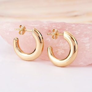 14K Gold C Hoop Earrings, Thick Earrings, Everyday Jewelry for Women, Thick Gold Hoops, Chunky Hoop Earrings, Tube Earrings, Bridal Gift image 1