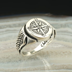 925 Sterling Silver Compass Ring, Stackable Jewelry for Men, Silver Pirate Ring, Compass Jewelry, Traveler Ring