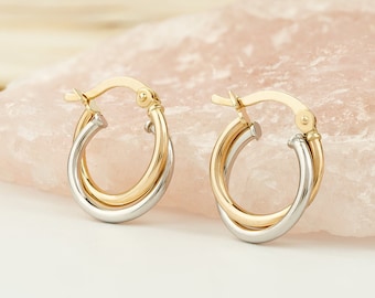 14K Gold Two Tone Hoop Earrings, Delicate Hoops for Women, Gold Huggie Hoops, Unique Earrings, Double Hoops