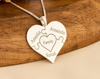 925 Sterling Silver Heart Family Name Pendant Necklace, Heart Puzzle Necklace, Personalized Jewelry, Engraved Heart Necklace, Mom Necklace