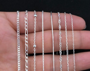 925 Sterling Silver Chain Necklace For Women Men  and Kids- Solid Silver Chain For Pendant- Thin Cable Singapore Box Snake Figaro Curb Chain