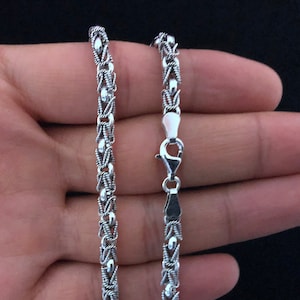 Solid 925 Sterling Silver Byzantine Chain Necklace & Bracelets, Thick Necklace Chain, For Men Women, Bali Handmade Oxidized Antiqued Chain