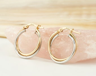 14K Gold Two Tone Hoop Earrings, Yellow and White Gold Huggie Earrings Jewelry, Real Gold Hoops, Double Hoop Earrings, Small Gold Hoops