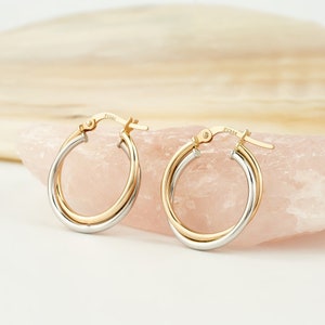 14K Gold Two Tone Hoop Earrings, Yellow and White Gold Huggie Earrings Jewelry, Real Gold Hoops, Double Hoop Earrings, Small Gold Hoops