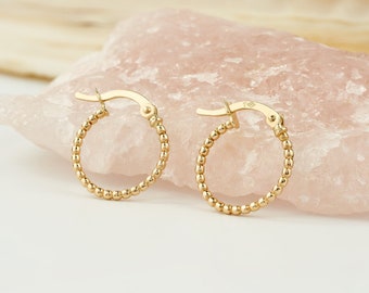 14K Yellow Gold Beaded Hoop Earrings, Tiny Bead Huggies Hoop Earrings Jewelry, Dainty 14K Gold Hoops for Women, Gold Minimalist Earrings