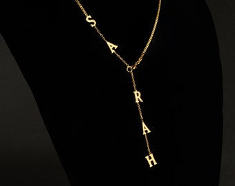 14K Gold Name Necklace, Lariat Y Necklace, Long Drop Necklace, Initial Letter Necklace, Custom Necklace, Personalize Jewelry Gift Her Women