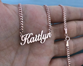 Sterling Silver Name Necklace With Curb Chain, Personalized Jewelry With Thick Chain Necklace, Bridesmaid Gift Necklace, Rose Gold Name