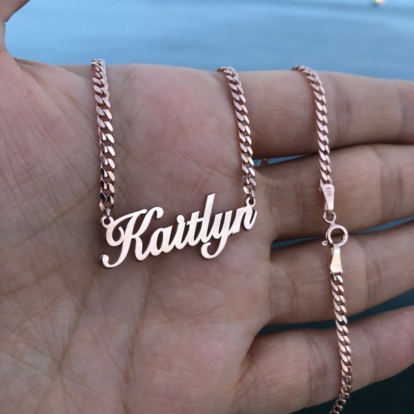 Sterling Silver Name Necklace With Curb Chain, Personalized Jewelry With Thick Chain Necklace, Bridesmaid Gift Necklace, Rose Gold Name