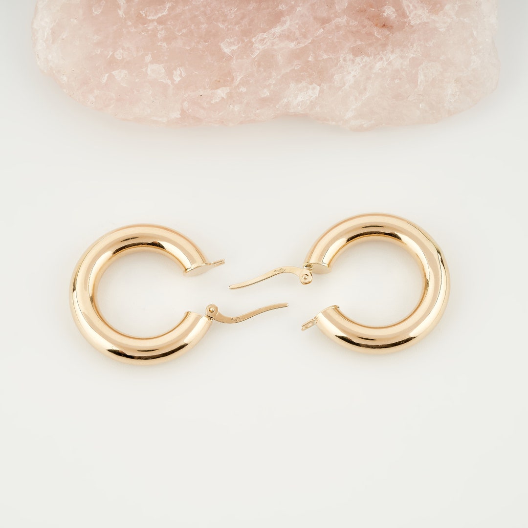 Gold Small Hoop Earrings, 14K Gold Chunky Hoops Earrings, Thick Gold ...