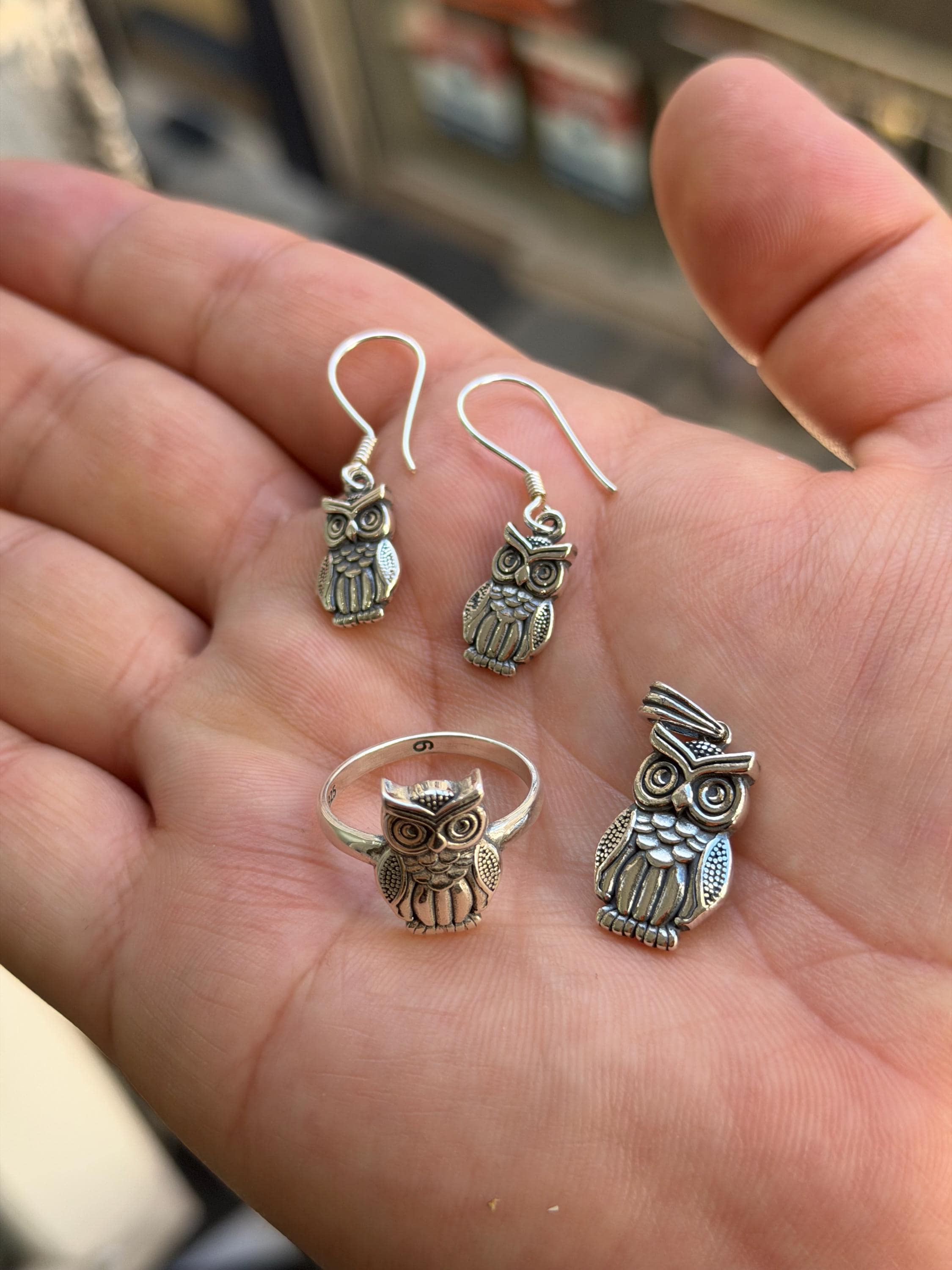 Sterling Silver Owl Jewelry Set, Earrings Necklace Ring,