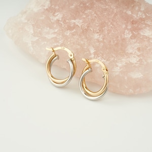 14K Gold Two Tone Hoop Earrings, Delicate Hoops for Women, Gold Huggie Hoops, Unique Earrings, Double Hoops image 3