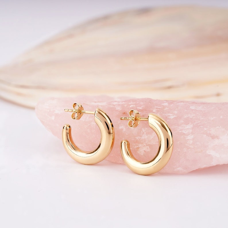 14K Gold C Hoop Earrings, Thick Earrings, Everyday Jewelry for Women, Thick Gold Hoops, Chunky Hoop Earrings, Tube Earrings, Bridal Gift image 1