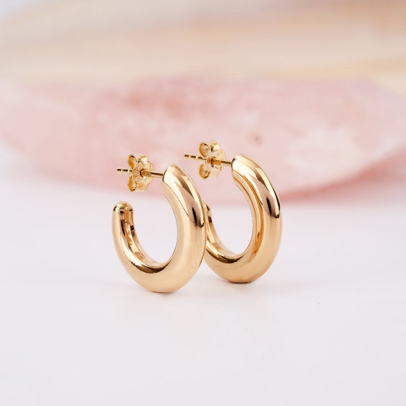 14K Gold C Hoop Earrings, Thick Earrings, Everyday Jewelry for Women, Thick Gold Hoops, Chunky Hoop Earrings, Tube Earrings, Bridal Gift image 2
