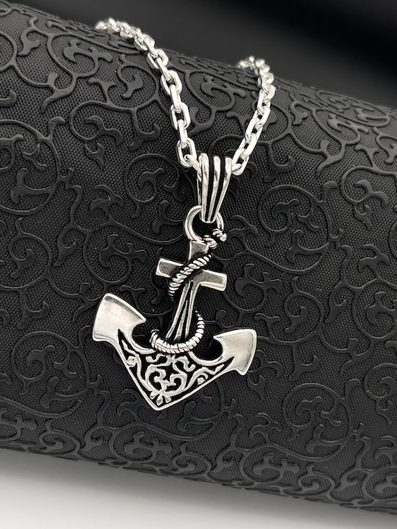 Oxidized Sterling Silver Anchor Pendant Necklace - Sailor Jewelry