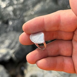 May include: A silver ring with a fan-shaped design. The ring's top features a series of parallel lines, creating a textured, shell-like appearance. The ring is held in a hand, with a blurred background of rocks and water.