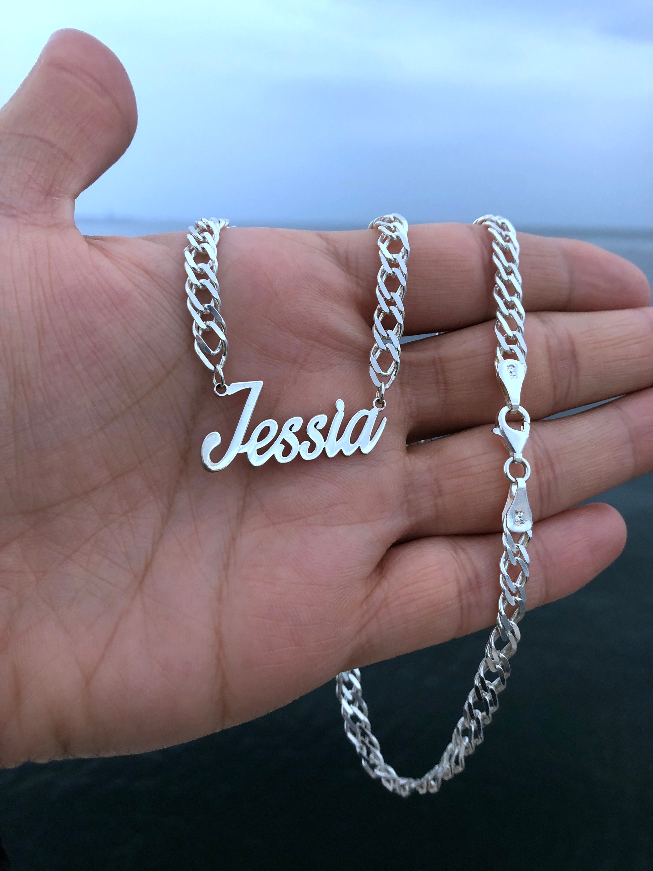 Solid Silver Name Necklace With Thick Chain Personalized Etsy