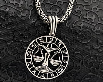 Sterling Silver Libra Men Zodiac Pendant, Astrology