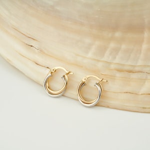 14K Gold Two Tone Hoop Earrings, Delicate Hoops for Women, Gold Huggie Hoops, Unique Earrings, Double Hoops image 2