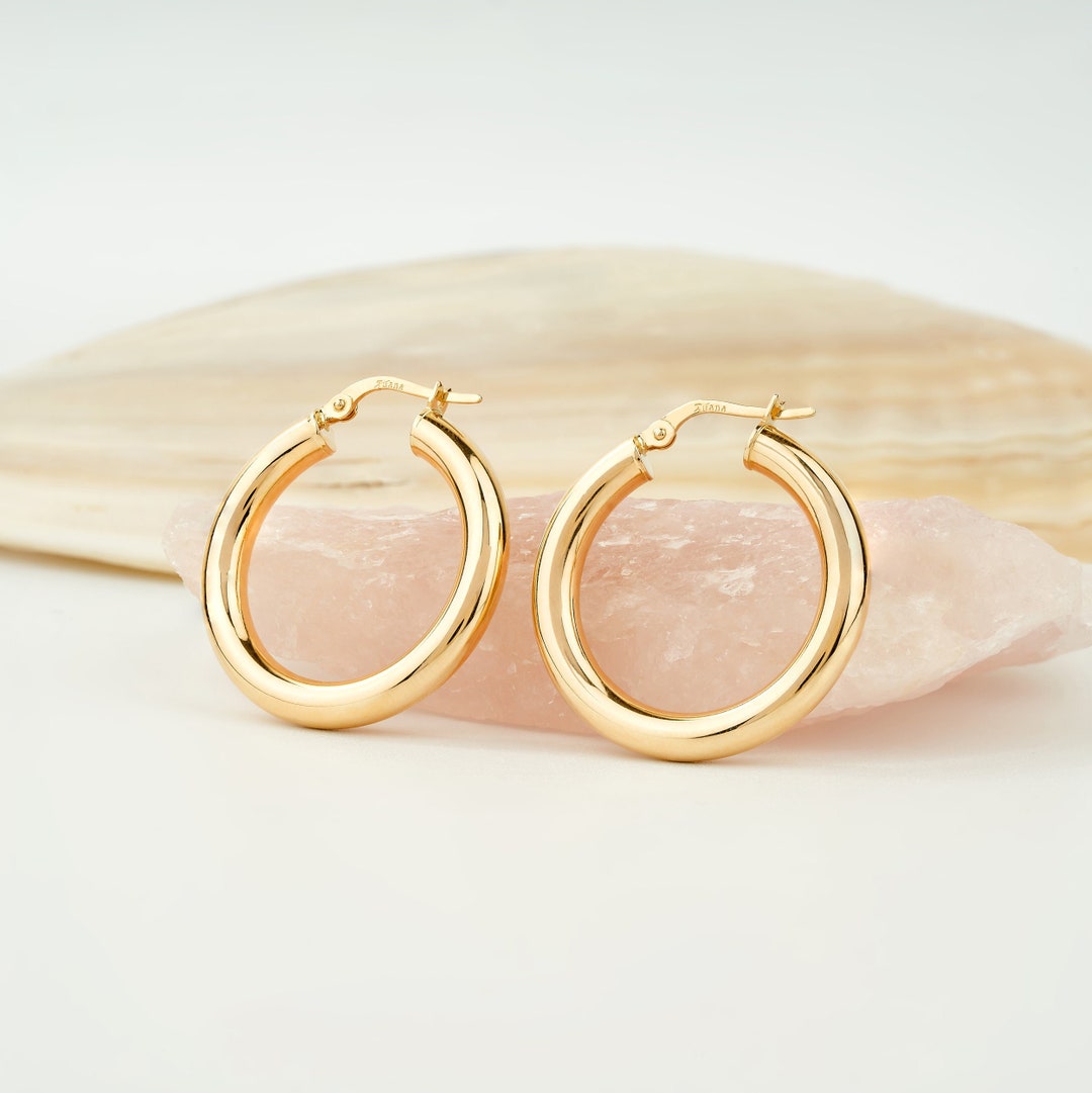 Solid 14k Gold Round Thick Small Hoops Earrings, Chunky Hoop