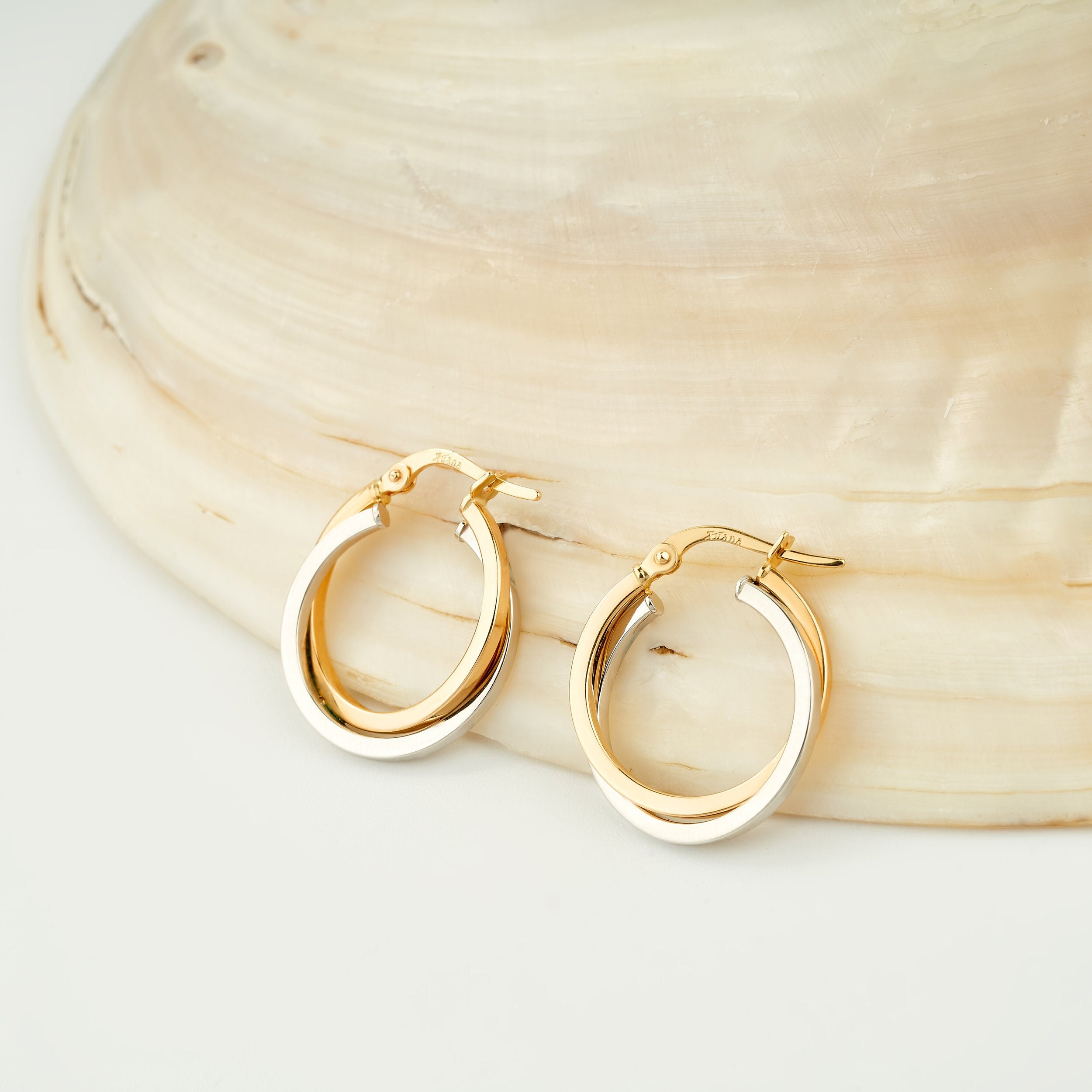14K Gold Two Tone Hoop Earrings: Stackable Real Gold Hoops - Etsy
