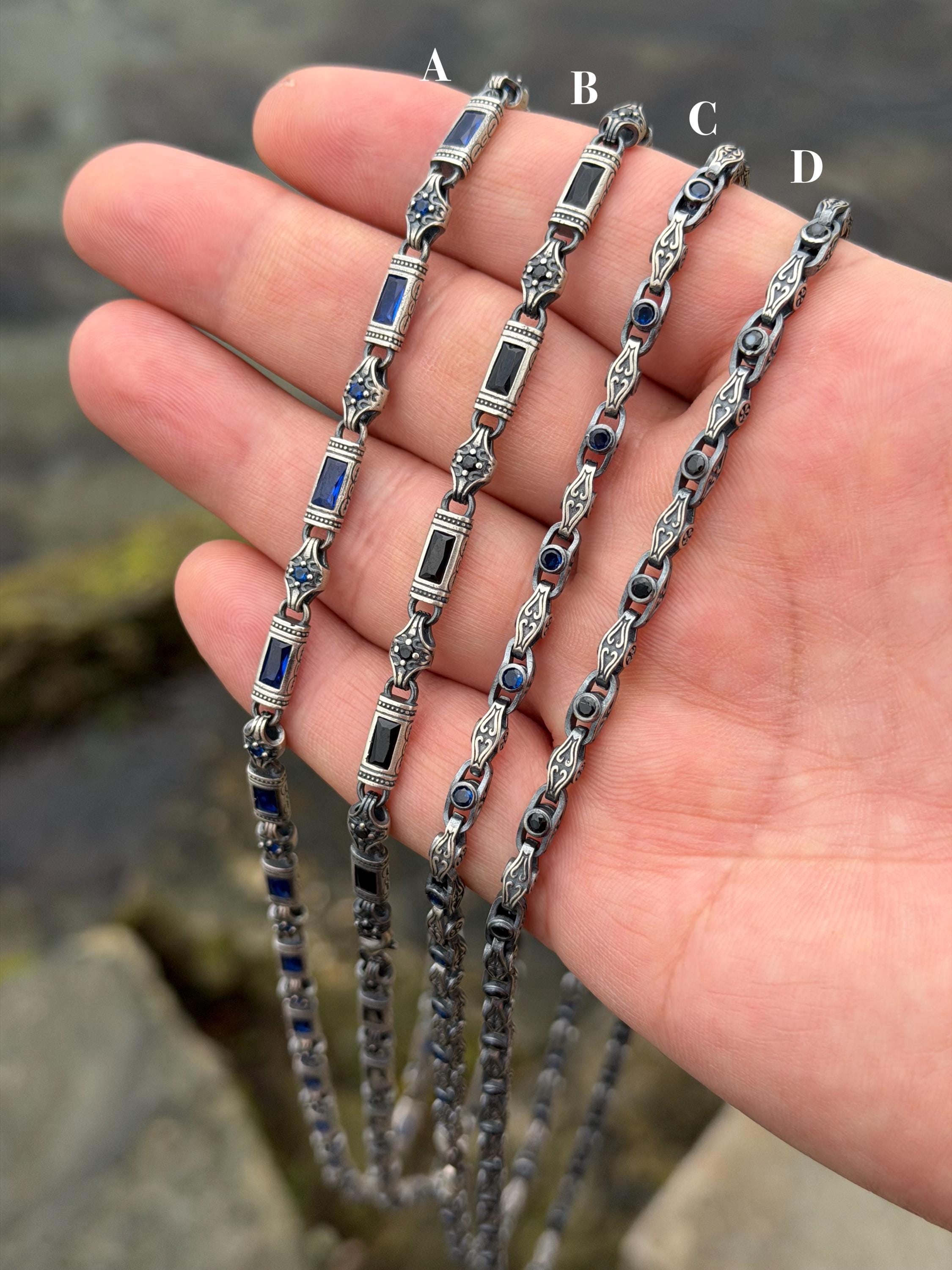 Oxidized Sterling Silver Chain – Gothic Black & Blue Stone