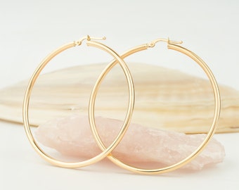 14k Yellow Gold Endless Hoop Earrings, Thick Lightweight Big Classic Hoop Earrings, 14K Gold Jewelry for Women, Real Solid Gold Hoops