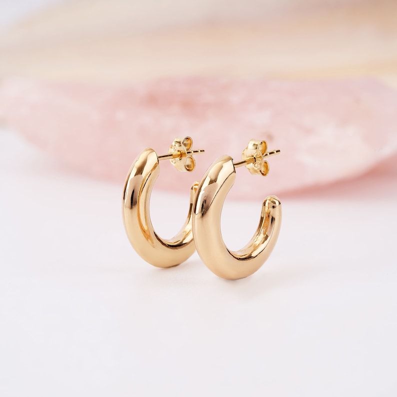 14K Gold C Hoop Earrings, Thick Earrings, Everyday Jewelry for Women, Thick Gold Hoops, Chunky Hoop Earrings, Tube Earrings, Bridal Gift image 3