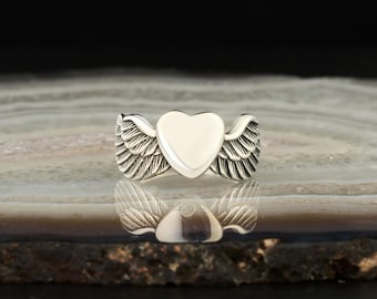 Silver Heart Ring, Angel Wing Ring, Sterling Love Jewelry Gift for Her