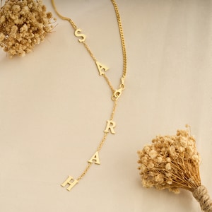 Gold Plated Lariat Name Necklace with Curb Chain, Y Necklace, Customized Y Initial Necklace, Personalized Jewelry, Dainty Name Necklace