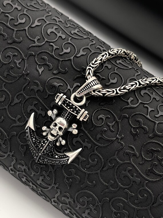 Sterling Silver Pirate Skull Anchor Pendant Necklace