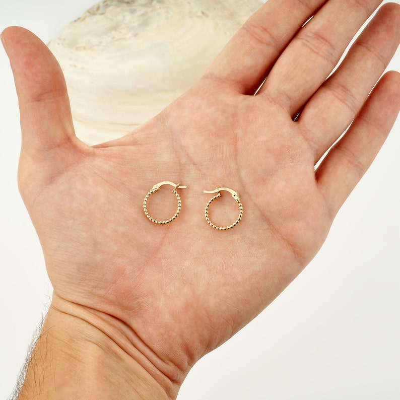 14K Yellow Gold Beaded Hoop Earrings, Tiny Bead Huggies Hoop Earrings Jewelry, Dainty 14K Gold Hoops for Women, Gold Minimalist Earrings image 8