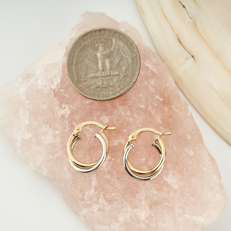 14K Gold Two Tone Hoop Earrings, Delicate Hoops for Women, Gold Huggie Hoops, Unique Earrings, Double Hoops image 4