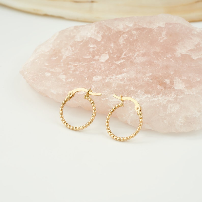 14K Yellow Gold Beaded Hoop Earrings, Tiny Bead Huggies Hoop Earrings Jewelry, Dainty 14K Gold Hoops for Women, Gold Minimalist Earrings image 3