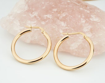 14K Solid Gold Hoop Earrings: Minimalist Sleeper Hoops