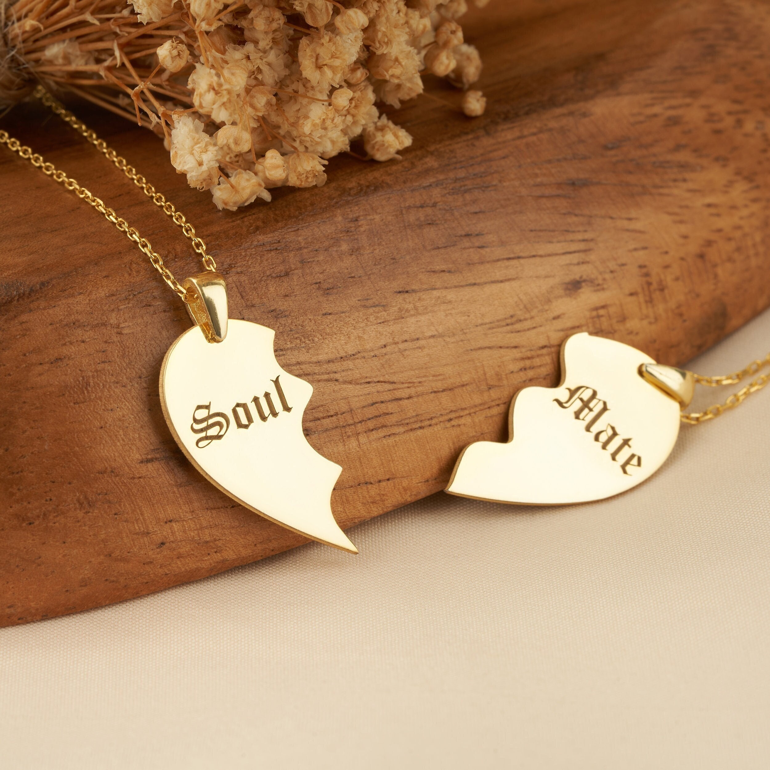 Engraved Sterling Silver Soulmate Necklace: Matching Split Heart