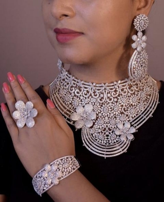 Bridal CZ American Diamond Necklace Set Cubic Zirconia -   American diamond  jewellery, Diamond necklace set, American diamond