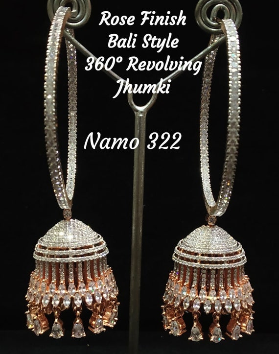 Extra Large Hoops Silver Jhumka American Diamond earrings Indian Jewelry Pakistani Jewellery Rose Gold Hoops CZ Jhumkas